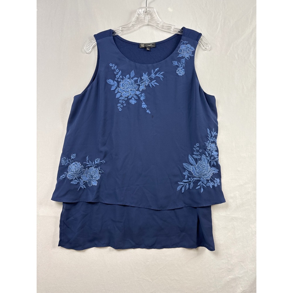 DG2 Diane Gilman Tank Top Women Large Navy Blue Floral Embroidered Layered Tank